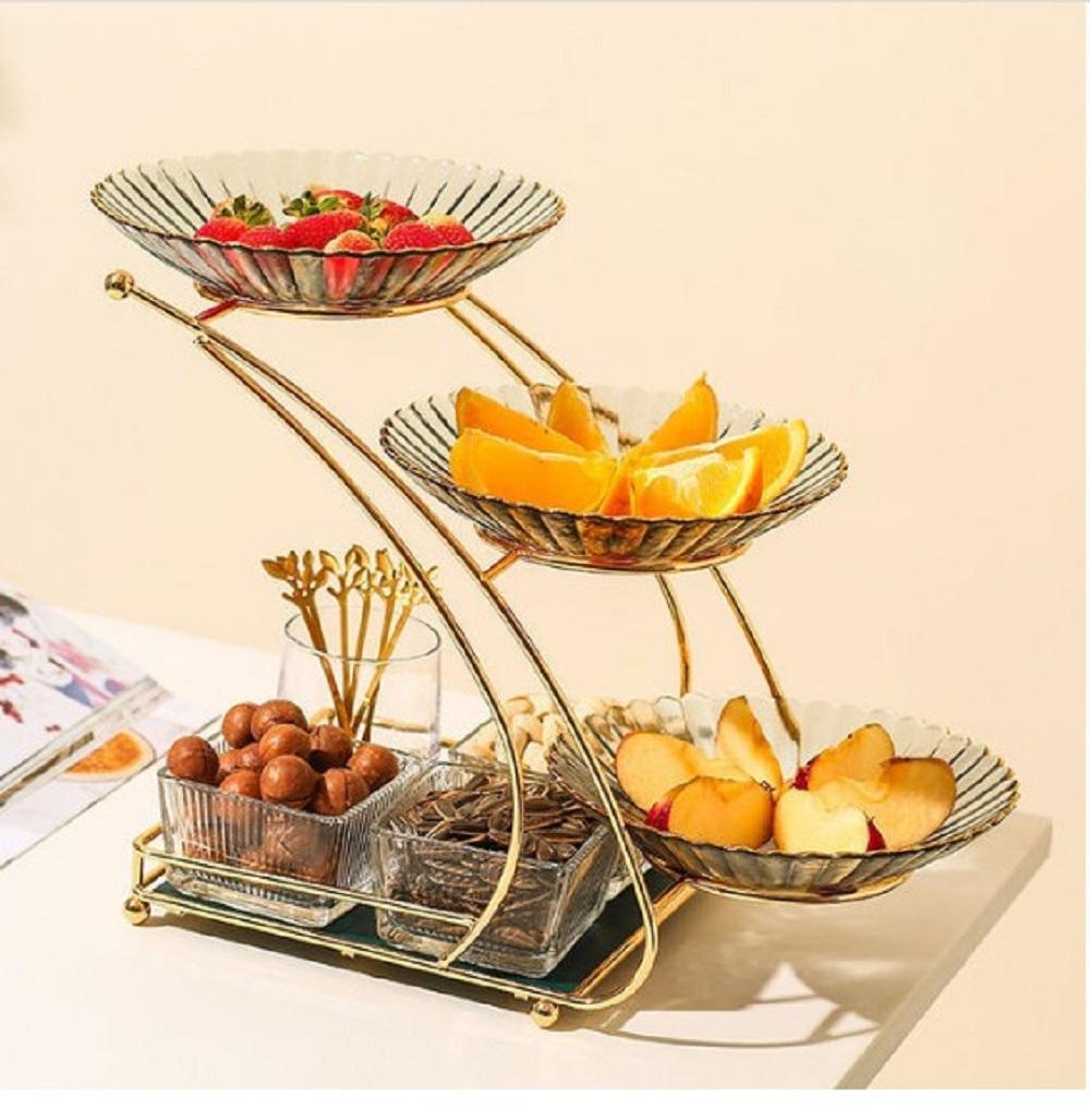 Golden 3-Tier Fruit Serving Stand | Glass Bowl Display & Table