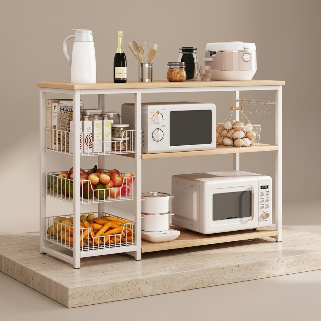 3 Layer Kitchen Rack Black & White | Iron Storage Organizer