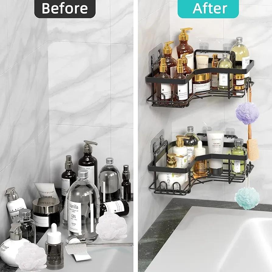 360° Corner Bathroom Shelf | Black Stainless Steel Shower Storage Rack