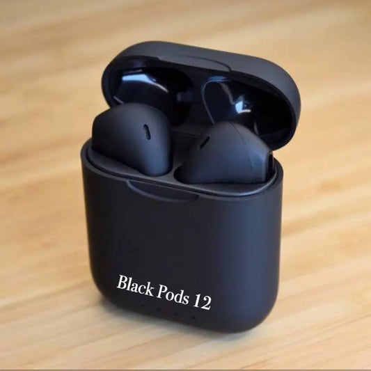 Black Pods 12 Wireless Bluetooth Earbuds – TWS Earphones with HD Stereo Sound, Touch Control & Charging Case