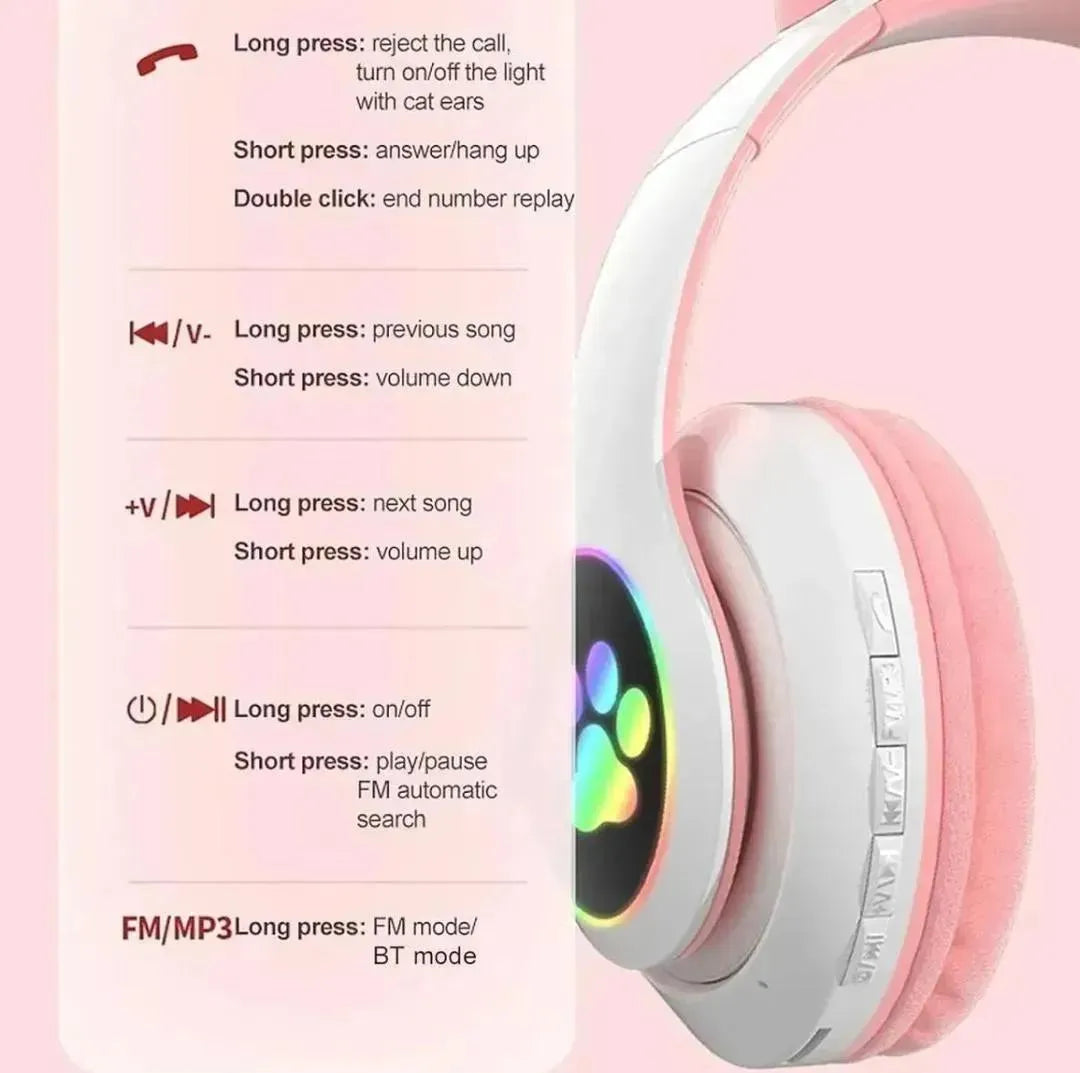 Cat Ear LED Bluetooth Headphones | Multicolor RGB Lights, ABS Design & Wireless Audio