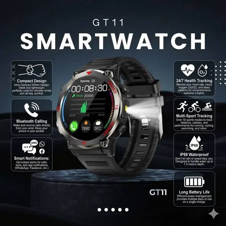 GT11 Rugged Round Dial Smart Watch | Bluetooth Calling, Fitness Tracker & Sports Modes