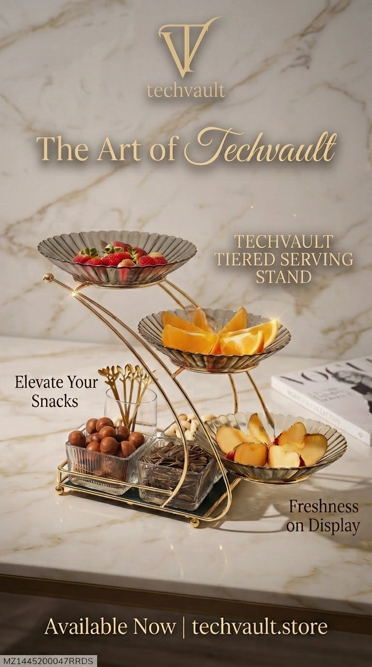 Golden 3-Tier Fruit Serving Stand | Glass Bowl Display & Table