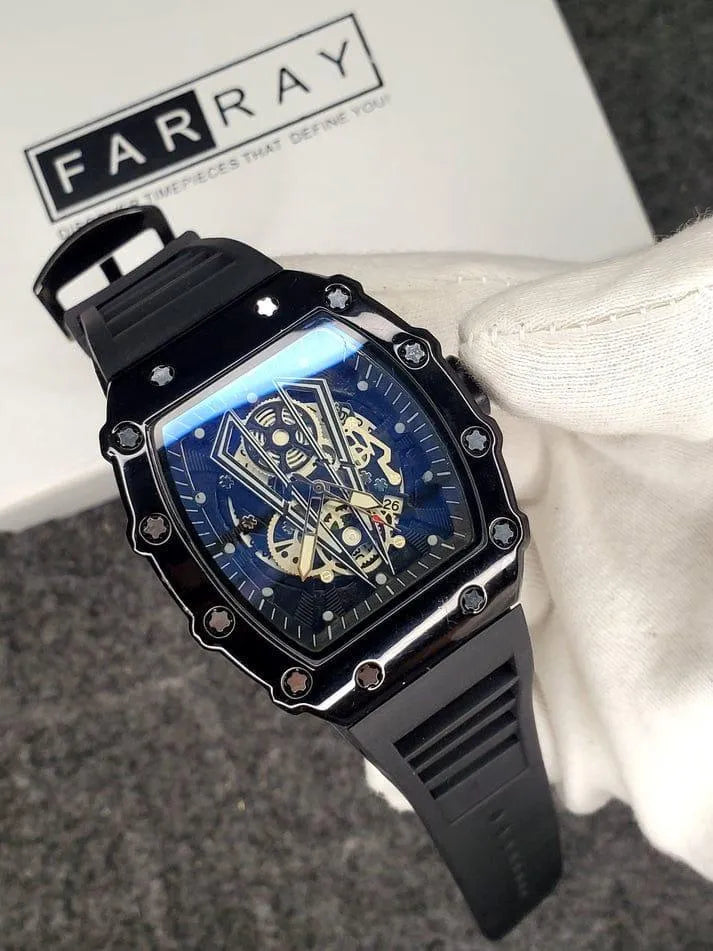 Richard Black Skeleton Watch for Men | Luxury Black Wrist Watch | Analog Fashion Watch with Rubber Strap | Stylish Mens Watch