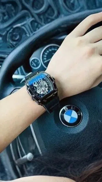 Richard Black Skeleton Watch for Men | Luxury Black Wrist Watch | Analog Fashion Watch with Rubber Strap | Stylish Mens Watch