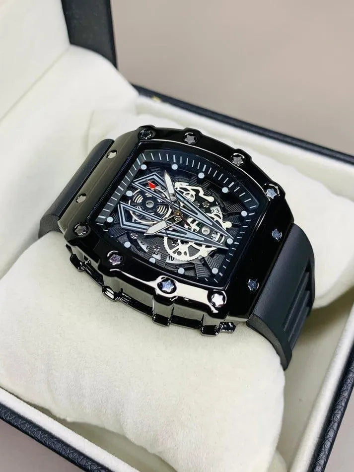 Richard Black Skeleton Watch for Men | Luxury Black Wrist Watch | Analog Fashion Watch with Rubber Strap | Stylish Mens Watch