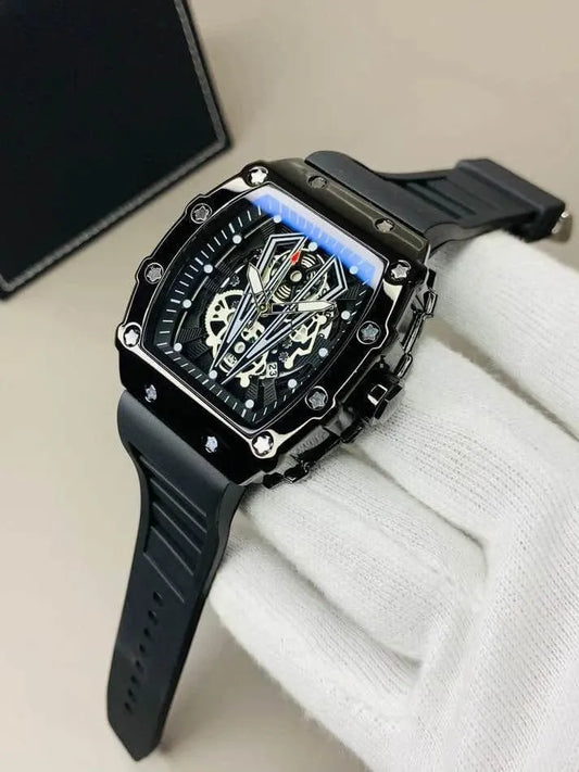 Richard Black Skeleton Watch for Men | Luxury Black Wrist Watch | Analog Fashion Watch with Rubber Strap | Stylish Mens Watch